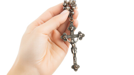 hand holding rosary isolated on white background