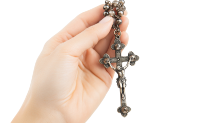hand holding rosary isolated on white background