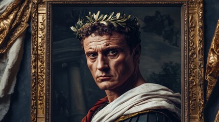 A framed portrait of a powerful leader donning a laurel wreath in antiquity