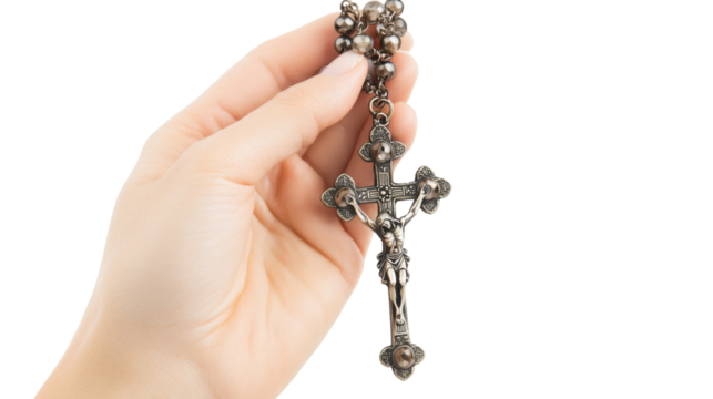 hand holding rosary isolated on white background