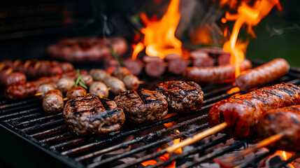 Sizzling Summer Grill: A vibrant close-up showcasing a variety of grilled meats, including juicy burgers and flavorful sausages, cooking to perfection on a hot grill, flames dancing in the background.