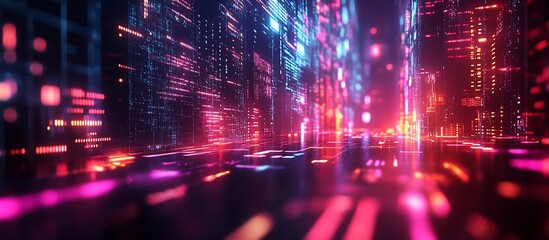 Obraz premium Futuristic cityscape with vibrant neon lights and digital elements creating a dynamic atmosphere