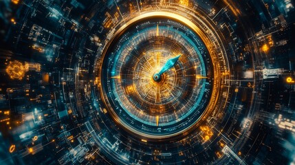 Fototapeta premium Abstract swirling digital clock glows warmly with vibrant teal and gold hues. AI Generated