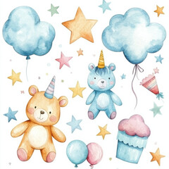 Fototapeta premium Watercolor elements for children's party, cute stars, bears, unicorns, clouds, balloons, caps, pastel shades, located on white 