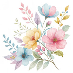 Beautiful watercolor floral arrangement with pastel colors and delicate leaves