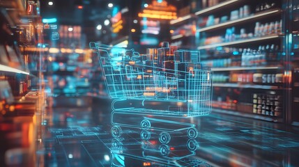 A futuristic shopping cart in a digital grocery store, showcasing advanced technology and innovation in retail environments.