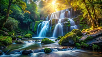 Fototapeta premium Mystical waterfalls and breathtaking sunsets grace stunning long exposure nature photography.