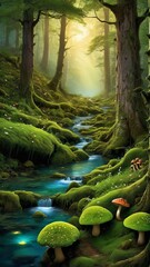Enchanted Forest with Glowing Mushrooms and a Mystic Stream