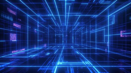 A blue room with many lines and squares