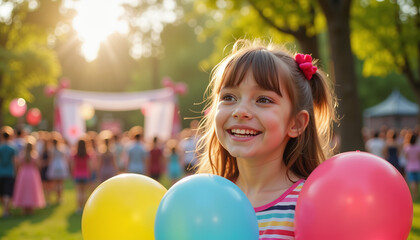 Obraz premium Happy girl holding balloons in a sunny park, Children's Day, blurred background