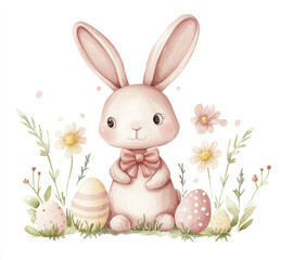 Obraz premium Cute Easter bunny with a bow, surrounded by flowers and Easter eggs, in pastel colors, in a clipart style, isolated on a white background. Watercolor
