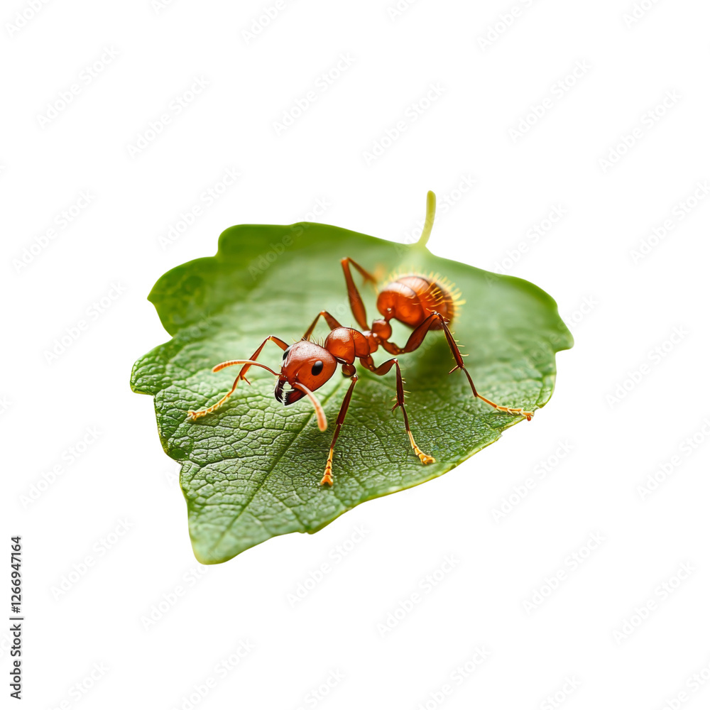 Poster close up of red ant on green leaf, showcasing its detailed features and vibrant colors. ant appears 