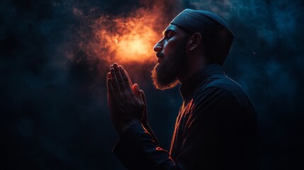 A devoted Muslim man prays with closed eyes and raised hands, immersed in spirituality. The dark atmosphere enhances the glowing warmth that surrounds him, creating a profound sense of peace