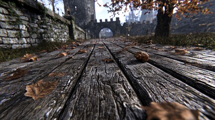 Fototapeta premium Weathered wooden pathway covered in autumn leaves leads toward a medieval stone castle gate.