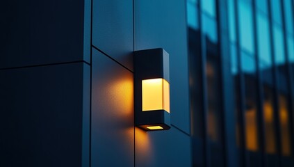 Modern Building Exterior Wall Mounted Light Fixture Illuminates at Dusk, Creates Ambiance with Warm Yellow Glow, Enhancing Architectural Design.