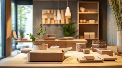 A table with a variety of items on it, including a potted plant, a vase
