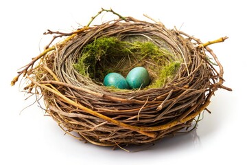 Obraz premium Springtime's delicate avian nest, meticulously crafted, sits alone against a stark white backdrop; a high-resolution wildlife image.
