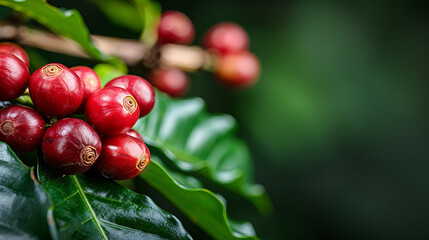 Fototapeta premium Coffee Beans on Branch: Ripe, red coffee cherries cluster on a branch, nestled amongst vibrant green leaves. The close-up shot reveals the rich color and texture of the beans.