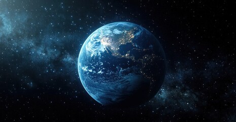 Fototapeta premium Stunning Earth from Space Hyper-Realistic Night View with Glowing City Lights and Vibrant Oceans