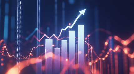 Bar chart with upward trend line on a digital background, representing data growth and positive trends.