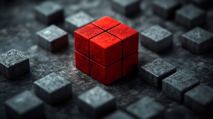 Red Cube Stands Out Dark Grey Blocks Abstract Composition. AI Generated
