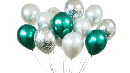 green and silver colored balloons isolated on transparent background