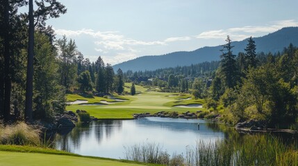 Serene Golf Course Landscape with Mountain View