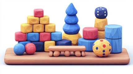 Colorful geometric building blocks arranged on a wooden base for play.