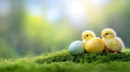 Whimsical Easter Delight: Adorable Chicks, Painted Eggs, and Mossy Green Magic
