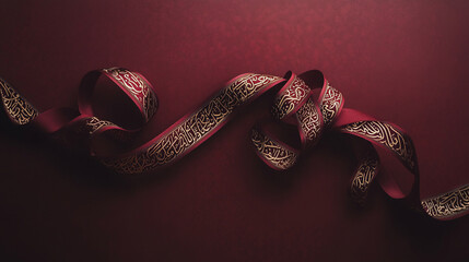 Decorative ribbon with Arabic calligraphy on dark red background in a creative arrangement
