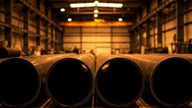 Four large, cylindrical metal pipes sit side by side in a warehouse, industrial design, construction, for material engineering, storage theme, horizontal video