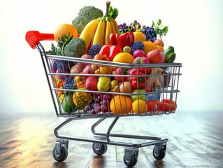 Shopping Cart Overflowing with Fresh Fruits and Vegetables in Natural Light