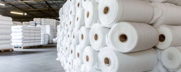 Massive Rolls of White Fabric Stacked in Warehouse