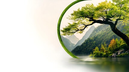 Serene landscape featuring a tree arching over tranquil waters with mountains in the background