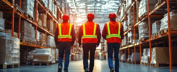 Warehouse Workers Team Meeting in Safety Helmets Discussing Logistics and Distribution in Storage Facility