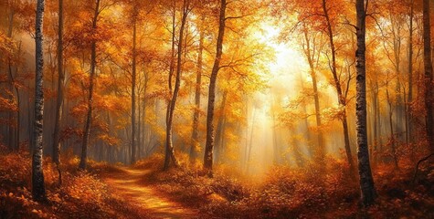Fototapeta premium Autumn Forest Landscape with Sunbeams and Vibrant Foliage in Warm Colors of Gold Orange Yellow and Red