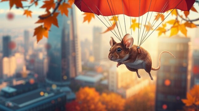 Close up , a mouse parashooting over the city , twilight.