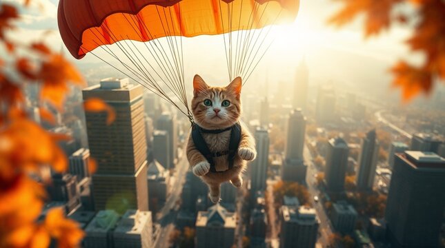The orange cat parashooting over the city , twilight.