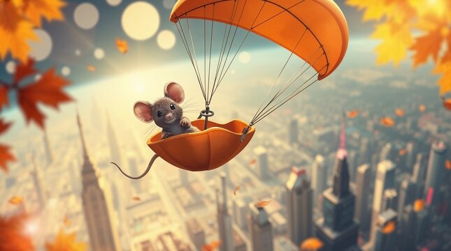 A little mouse parashooting over the city , twilight.