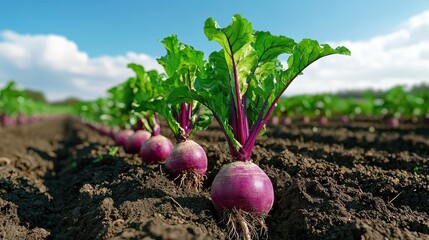 Harvesting purple turnips in a sunny field agriculture content rural environment close-up view fresh produce