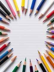 Obraz premium Creative drawing action with colored pencils surrounding blank sketch paper artistic environment top-down view for inspiration