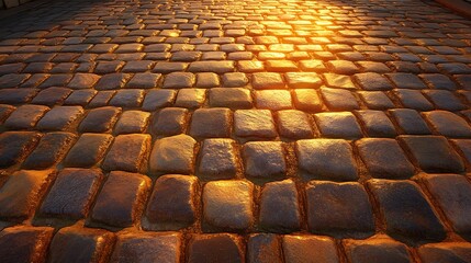 Golden sunlight bathes warm brown cobblestones creating a captivating textured pathway. AI Generated
