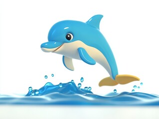 Fototapeta premium Playful Dolphin Illustration, vibrant 3D cartoon of a dolphin leaping joyfully above the ocean waves, capturing a sense of fun and freedom.