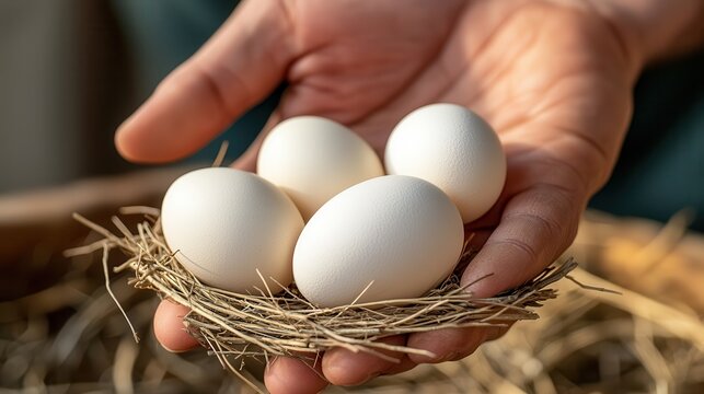 Hand-picking organic eggs. Hand holding white eggs in a nest of straw.