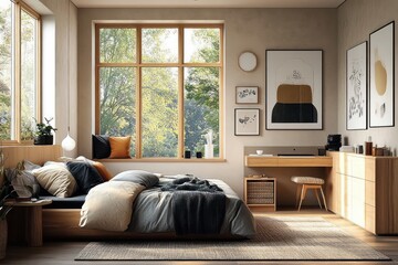Cozy Minimalist Dorm Room with Earthy Tones and Natural Light