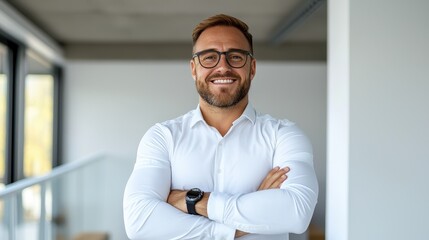Obraz premium Professional man smiling in modern office business portrait indoor environment confident viewpoint