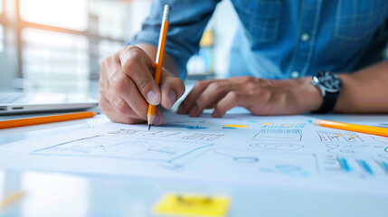 Focused Design: A close-up shot of a designer's hands sketching out an intricate web design on a paper-covered table, highlighting the process of creativity and innovation. The image exudes focus.