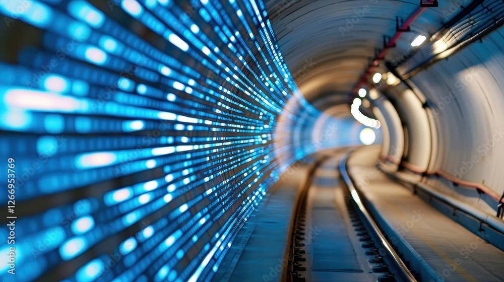 Wall mural abstract blue light motion in a modern tunnel with railway tracks curving into the unknown future