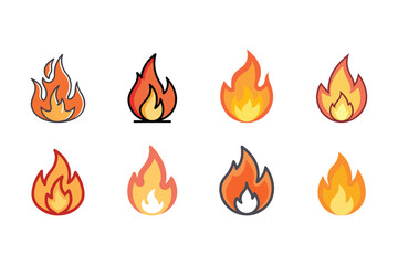 Set of fire flame icons in different styles isolated on white background, collection of burning fire symbols for design and illustration