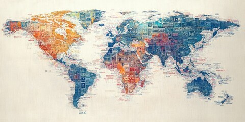 World Map Created with Passport Stamps Representing Travel, Tourism, Immigration and Global Destinations